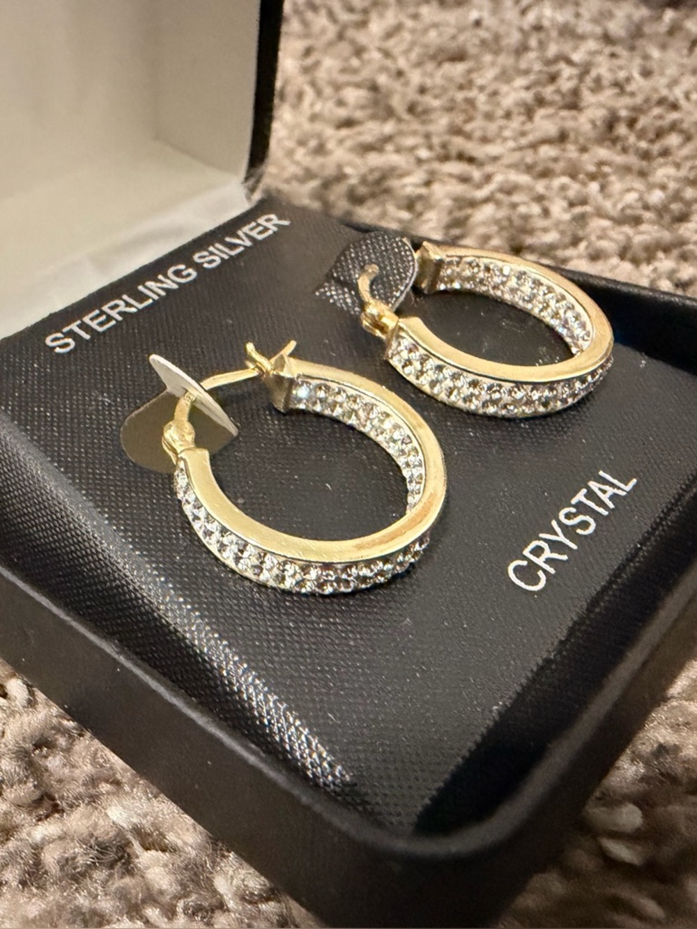 Gold over silver Hoop Earrings with Clear Crystal Accents - Women Jewelry